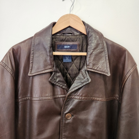 Vintage Gap 100% Cow Leather Long Jacket Mens XL Brown Quilted Lined 3 Button - Picture 3 of 11